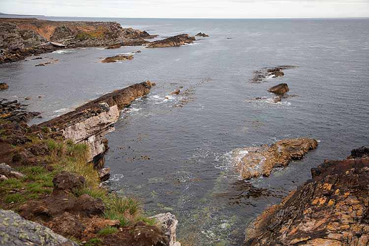 Rocky bay free of winter ice in South Georgia Island.